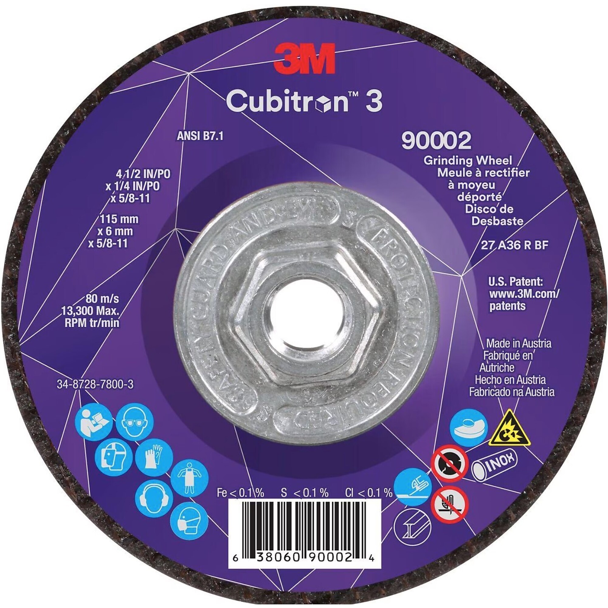 3M, Depressed Cntr Grind Wheel 4.5in. Arbr:5/8-1110 pk, Wheel Diameter 4.5 in, Arbor Size 5/8-11 Wheels (qty.) 10 Model# MMM3806090002